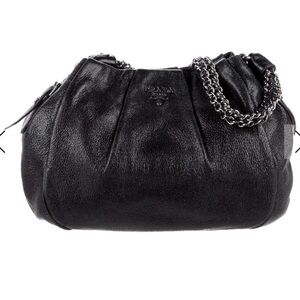 Prada Black Pebbled Leather Shoulder Bag with Lady Braid Chain Strapping